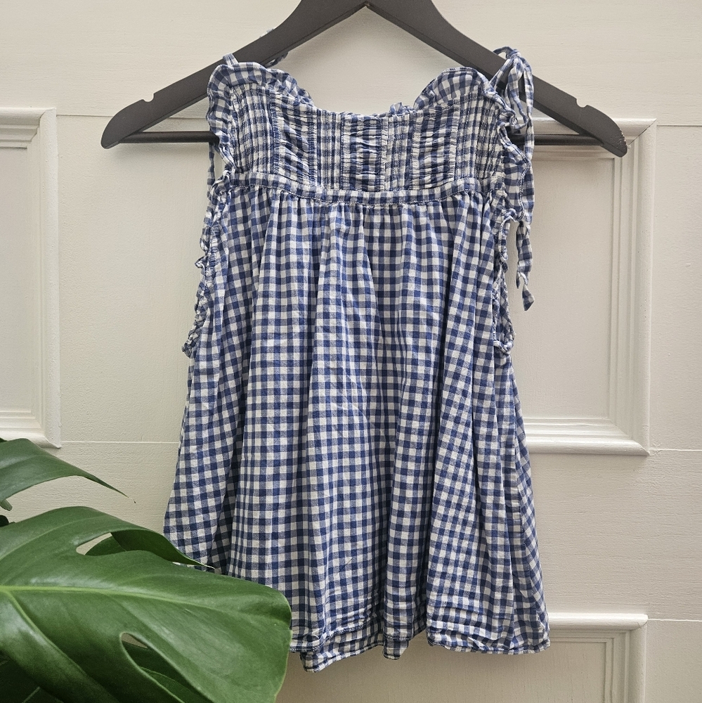 Doên Blue Gingham Smocked Tie-Strap Top (XS)